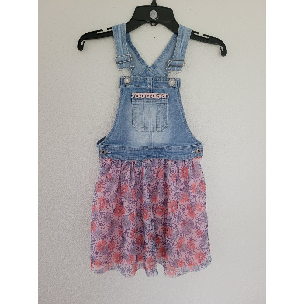 Jordache Girls Denim Overall Dress Floral Mesh Skirt Light Wash Blue Pink S 6 #7